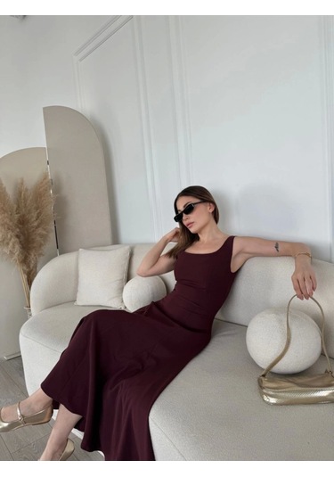 Sırt Dekolteli Kolsuz Uzun Elbise - Mürdüm Mürdüm