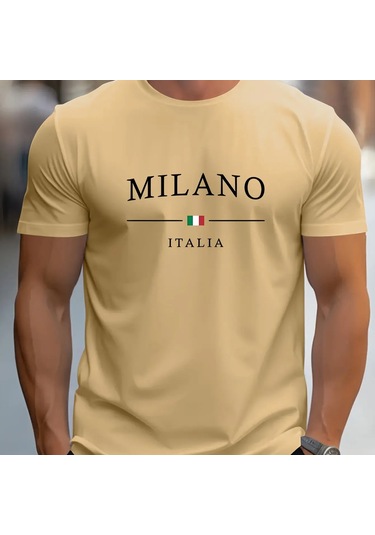 Guılan Erkek Milano Baskılı Pamuk Tişört - Yazlık Rahat Kısa Kollu Üstbej Bej