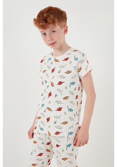 Lela Desenli % 100 Pamuk Bisiklet Yaka Erkek Çocuk Pijama Takımı 6651001 Ekru-Kırmızı