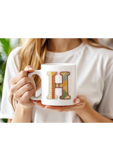 H Harfi Sonbahar Kış Temalı Yamalı Tasarım Kupa Bardak - Etnik Ve Pathwork Severlere Özel Hediye Beyaz