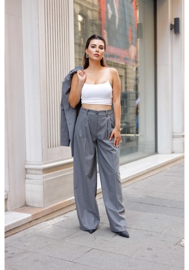 4 Düğmeli Kruvaze Geniş Çizgili Takım Gri Gri