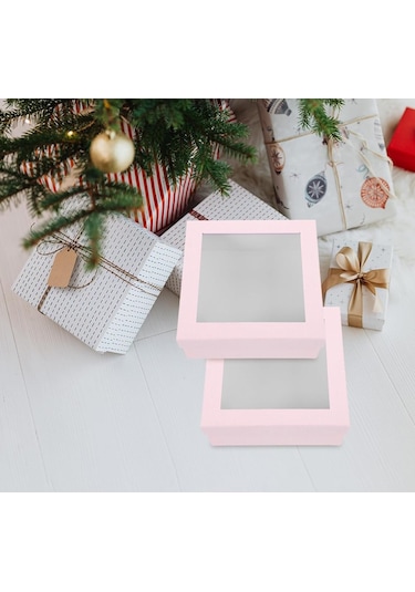 2 Adet Pencereli Hediye Kutusu,şeffaf Pvc Pencereli Pembe Renkli 22x22x7,5