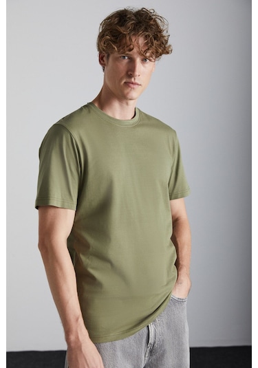 GRIMELANGE Solo Erkek %100 Organik Pamuklu Kalın Dokulu Comfort Fit Bisiklet Yakalı Haki T-shirt Haki