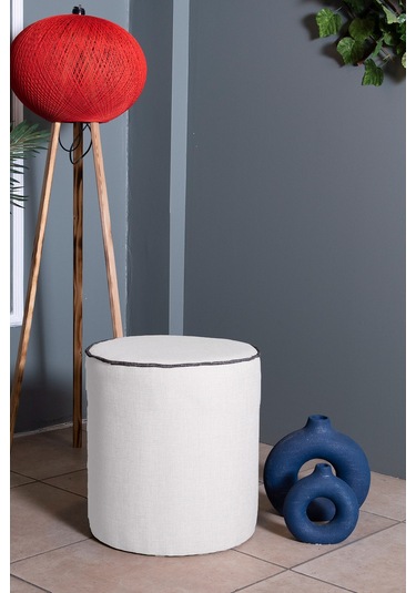 VALERİA BEYAZ KETEN KUMAŞ YUVARLAK PUFF &BENCH&KOLTUK&TABURE&POFUDUKYATAK ODASI PUF MODELLERİ