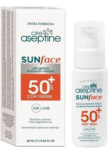 Cire Aseptine Sunface Yüz için Güneş Koruyucu Losyon Spf 50+ 60 ML