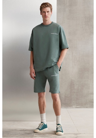 Colombıa Erkek 2'li Set Comfort Fit Rahat Kalıp Yazı Nakışlı Şardonsuz Yeşil Eşofman Takımı