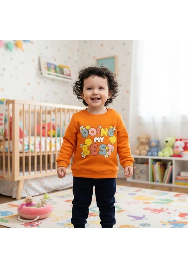 Kız Bebek Baskılı Çıt Çıtlı Alt Üst İkili Gündelik Takım 6-18 Ay Turuncu