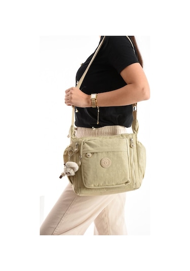 Kadın Postacı Çanta Hafif Klinkır Kumaş 30 27 Cm Çapraz Askılı Omuz Çantası Günlük Kol Çantası Krem