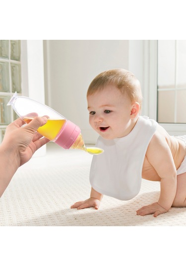 Moveevo Bebek Besleme Kaşığı Silikonlu Sıvı Gıda Sürücü Kolluklu Basma Kolu Mavi Sarı Pembe Beyaz Seçenekli Sarı