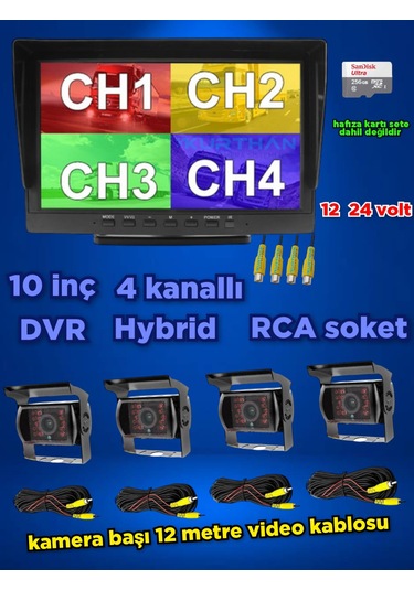 10 İnç Dvr Ekran 4 Adet Metal Kasa Ledli Kamera Set 12 24 Volt