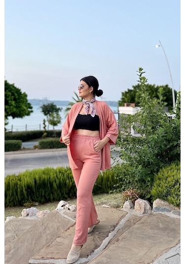 İpli Somon Renk Cep Detaylı Bol Paça Kimono Takım Somon