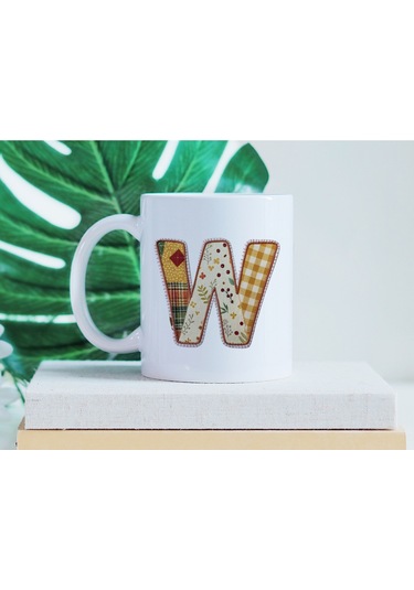 W Harfi Sonbahar Kış Temalı Yamalı Tasarım Kupa Bardak - Etnik Ve Pathwork Severlere Özel Hediye Beyaz