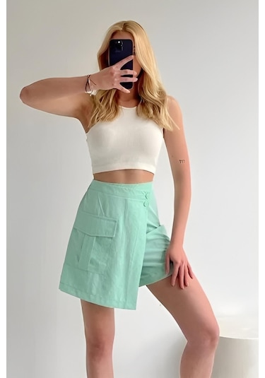 Ceyss Design Paraşüt Kumaş Önü Çıtçıtlı Ve Tek Cepli Mini Şort Etek-mint Mint Yeşili