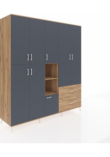 Kronos Dolap 12 Raflı 2 Çekmeceli Tek Askılı 220x59x243 Çam-antrasit/çam Antrasıt/atlas Çam