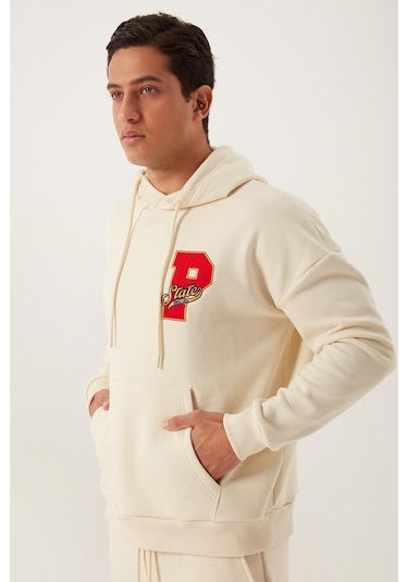 Polostate Erkek Kapüşonlu 3 İplik Sweatshirt Ekru