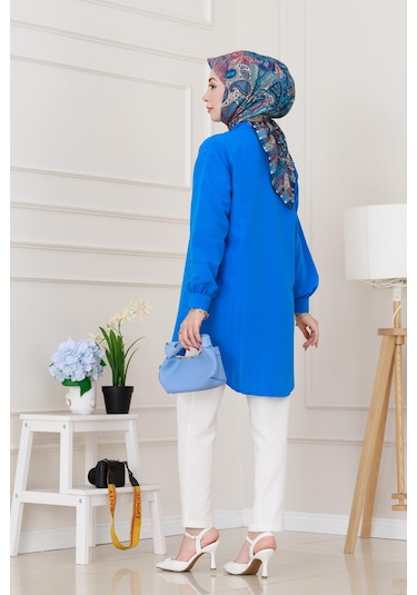 Sevitli Göğüsü Taş Detaylı Oversize Tunik-mavi-5228 Mavi