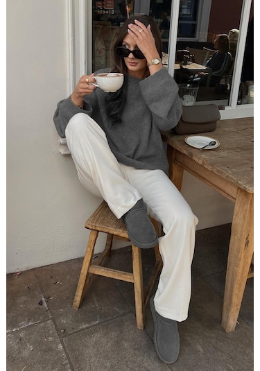 Madmext Madmext Bisiklet Yaka Oversize Triko Kadın Kazak MG1972 Antrasit