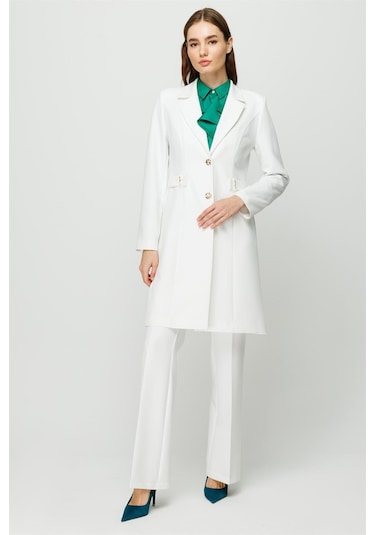 Aksesuar Detaylı Uzun Ceket Pantolon Takım Ekru-ekru Ekru