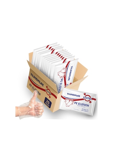 Yıldırımlar Pe Extra Tek Kullanımlık Şeffaf Eldiven 25 x 100'lü