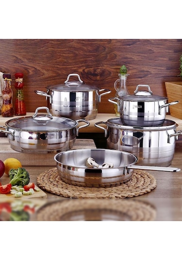 Çelik Tencere Seti 9 Parça Cam Kapak Vivaldi Aster Çelik