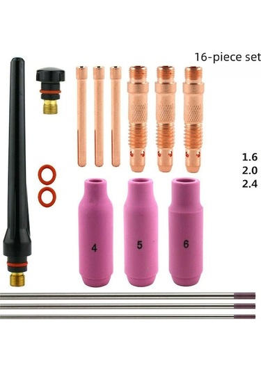 Fortunelane Tıg Kaynak Wp17/18/26 İçin 16 Parça Seti: 1.6-2.4-3.0 Mm Tutucular, Wt20 Tungsten Tutucu, Her Birinden 4 Adet