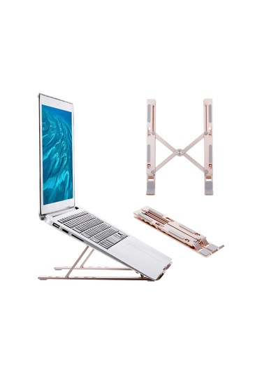 Fosenze 6 Kademeli Ayarlanabilir Portatif Laptop Standı - Alüminyum Gül Altını Renk, Ergonomik Soğutma Tasarımı