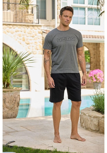 Relax Mode Erkek Penye Gri Kısa Şortlu Pijama Takımı - 6170-4r