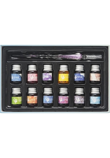 El Yapımı Cam Dolma Kalem Kaligrafi Hokka Seti 12 Mürekkepli