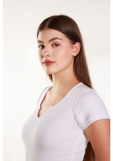 Kadın Basic Fitilli Likralı V Yaka Kollu Tshirt Atlet Bluz Beyaz