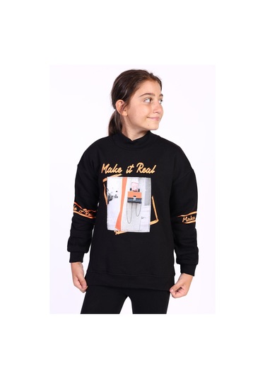 Toontoy Kız Çocuk Baskılı Taş İşlemeli Balıkçı Yaka Sweatshirt Siyah