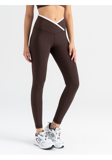 Çapraz Beli Beyaz Biye Detaylı Spor Tayt Kahverengi