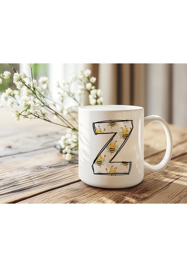 Z Harfi Arı Desenli Kupa - Sevimli Hayvan Temalı Kişiye Özel Kahve Kupası - Şans Kupası Beyaz