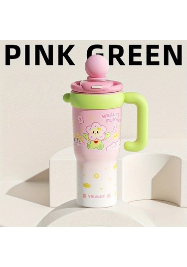 Brightnova 1pc Paslanmaz Çelik Termos Flowers 1.2l 760ml Sevimli Karikatür Tasarım Yeniden Kullanılabilir 07 Beyaz