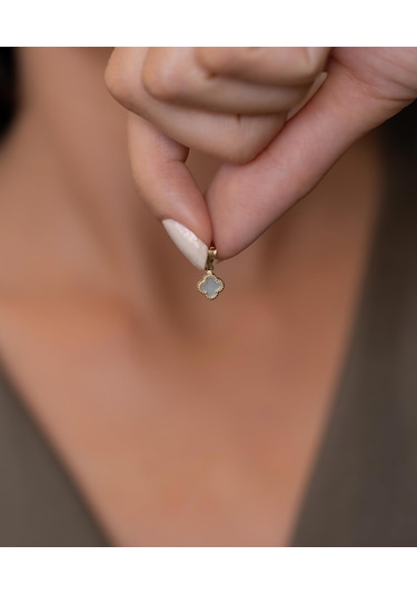 Bayar Gold 14 Ayar Altın Beyaz Renkli Yonca Kolye Ucu Sarı Altın