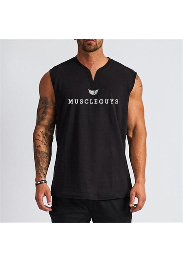 Siyah Muscleguys Yeni V Yaka Beyaz Yelek Yaz Ince Slim Fit Kolsuz Tişört Giyim Eğitim Spor Kıyafetleri Siyah