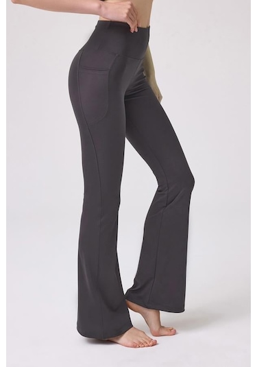 Füme Yüksek Bel Çift Cepli İspanyol Paça Kadın Tayt Füme