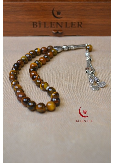 Kaplan Gözü Taşlı 33 Lü Erkek Tesbih Enerji Taşı, Ahşap Kutulu Çok Renkli