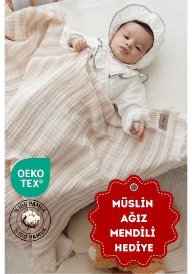 Zeypba 4 Katlı Müslin Örtü Lila Çizgili 110x110 CM Bebek & Çocuk İçin % 100 Pamuk Lila Melanj
