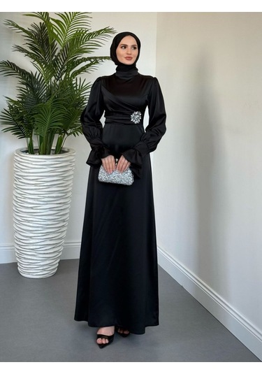 Yandan Taşlı Abiye Siyah