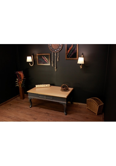 Wooding 120 Cm Masif Naturel Antrasit Oymalı Orta Sehpa