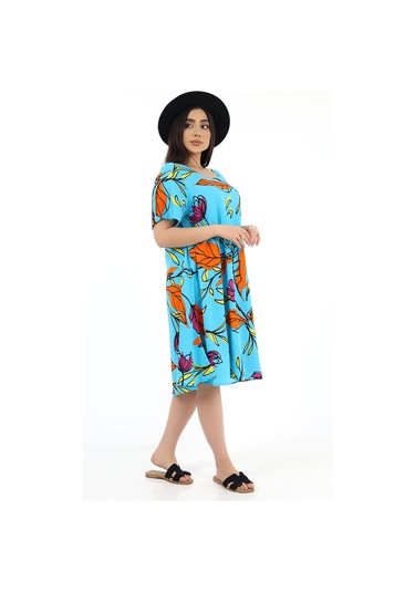 Schık Kadın Viskon Yarım Kol Kare Yaka Elbise Desenli Çok Renkli