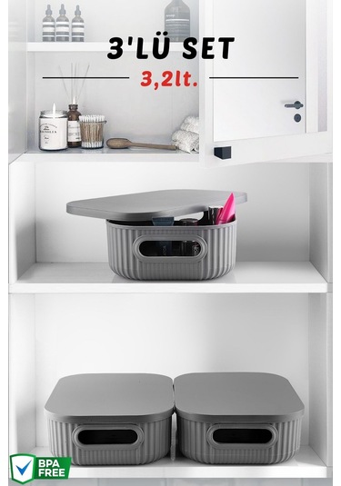 3'lü Set Çok Amaçlı Dekoratif Depolama Kutusu 3,2lt Antrasit