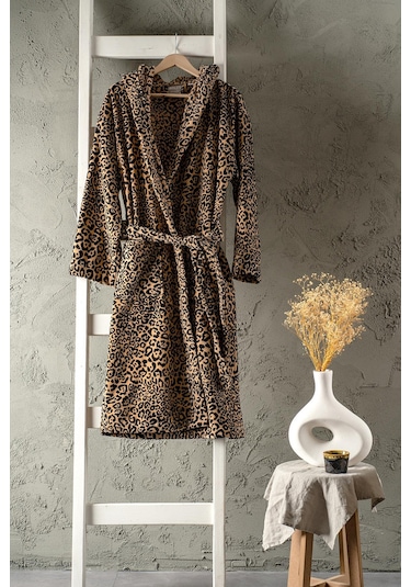 Soley Panthera %100 Pamuk Kadın / Erkek Bornoz Unisex Leopar Baskılı - Kahve Biyeli