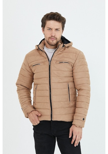 Erkek Vizyon Dar Kesim Kapüşonlu Süet Mont Vizon