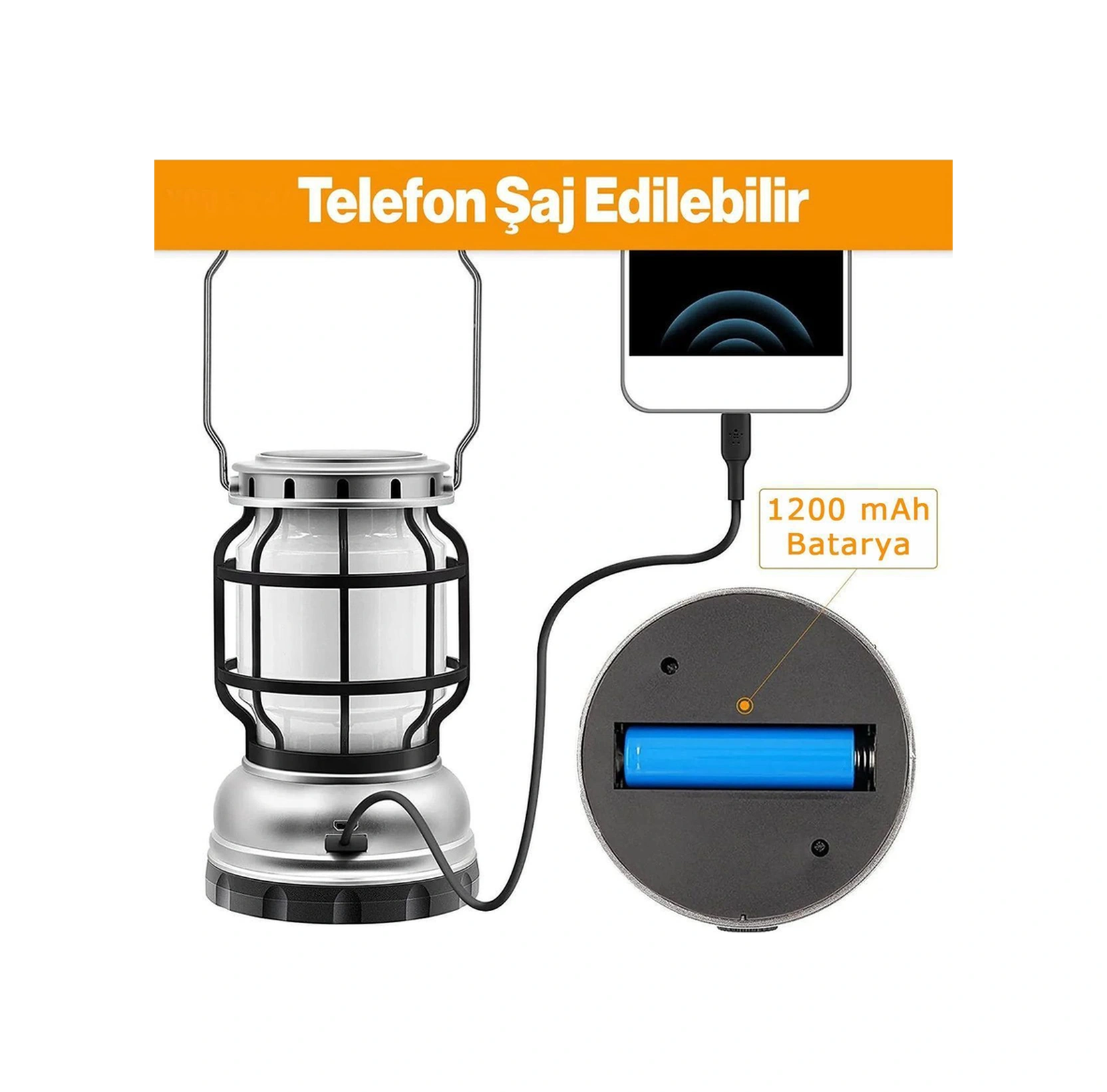 Güneş Enerjili Şarjlı Solar Kamp Lambası Ledli Su Geçirmez Asılabilir El Feneri Powerbank 1200 Mah