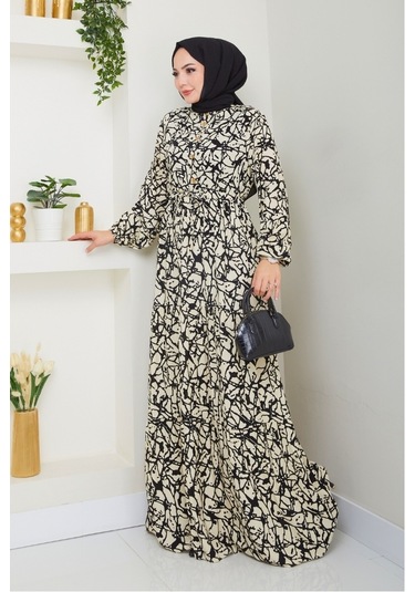 Sevil Yarım Düğmeli Dokuma Viskon Elbise 1504 - Ekru Ekru