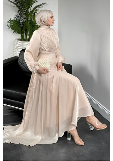 Kolu Bağlamalı Abiye Ekru