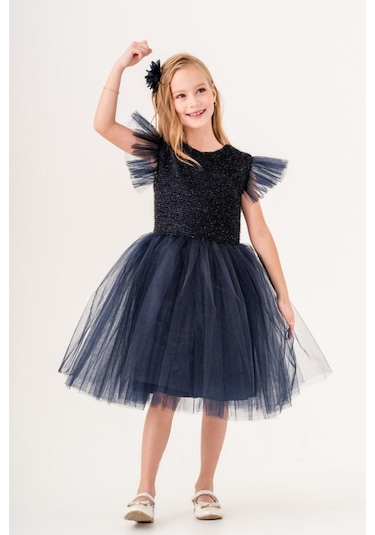 Tüllü Kız Çocuk Kpl Elbise Mnk0526 Koyu Lacivert