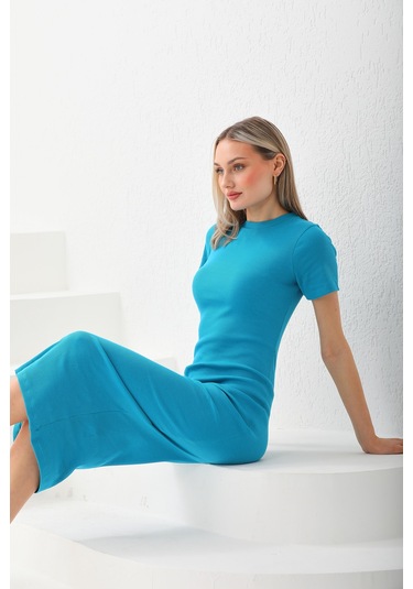 Turkuaz Kısa Kollu Diz Altı Fitilli Esnek Kalem Elbise  130 CM Turkuaz