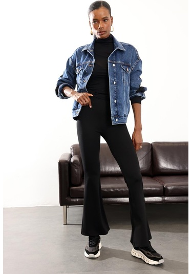 Mavi Dantel Detaylı Kot Ceket Mavi